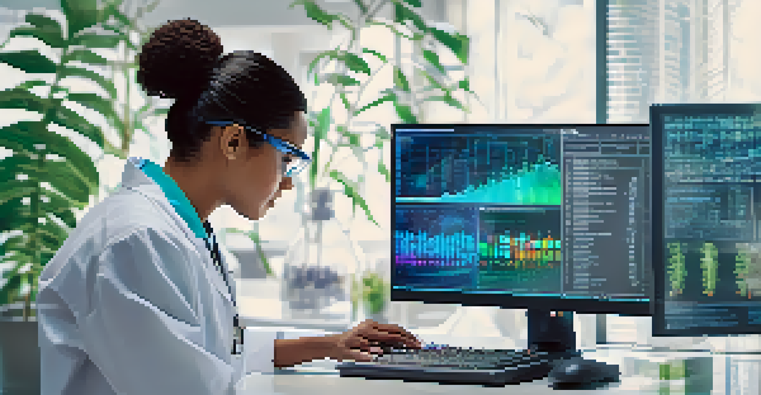 A healthcare professional examining genetic data on a computer, surrounded by colorful DNA visuals and modern medical equipment.