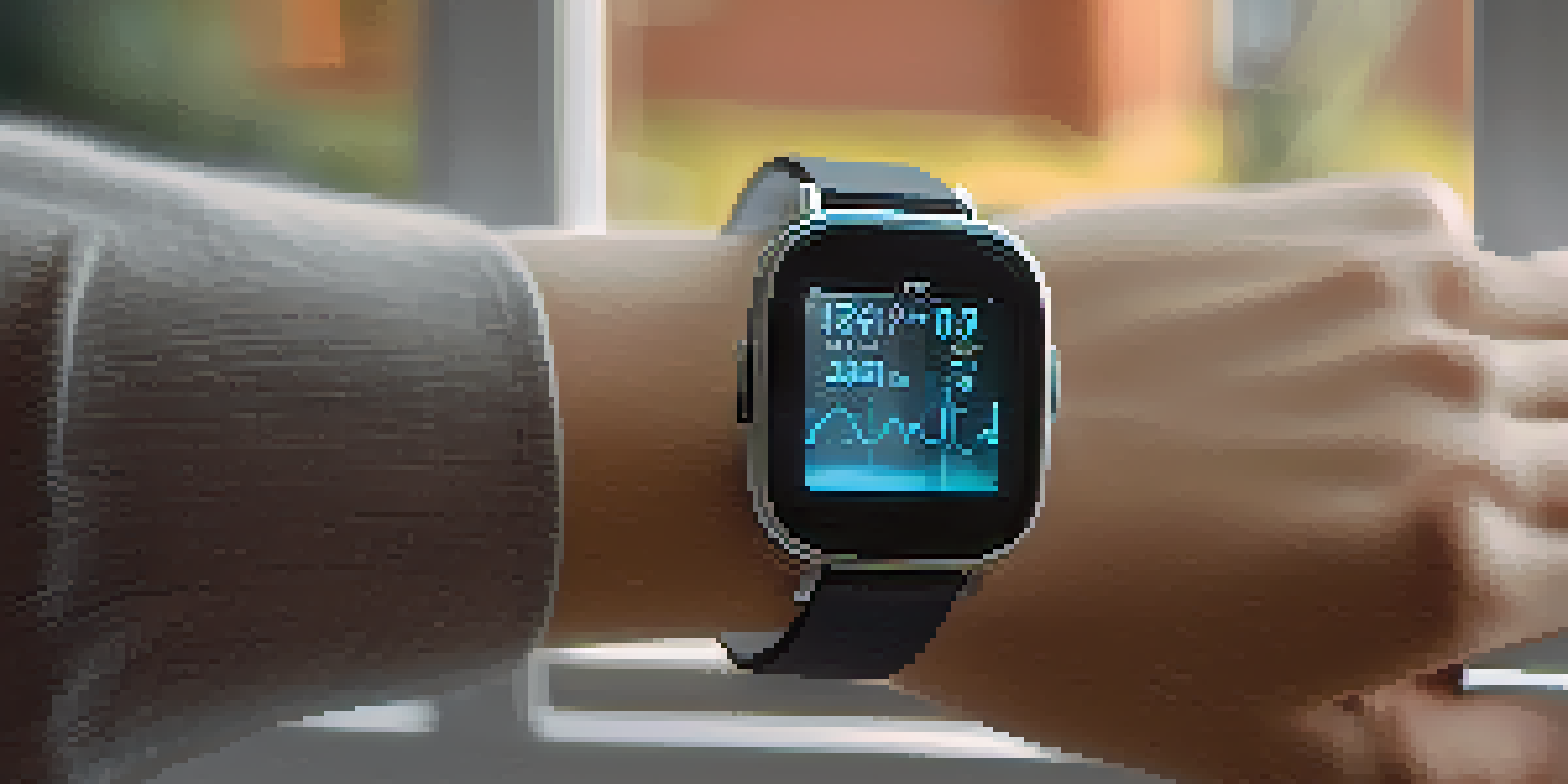 A smartwatch showing health metrics with a person practicing relaxation techniques in the background.
