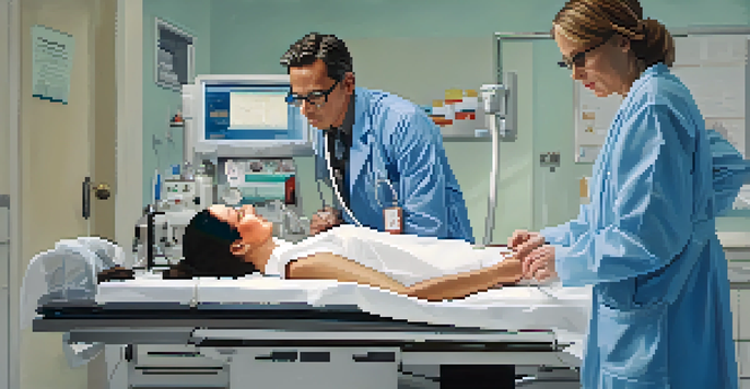 A doctor examining a patient in an emergency room, with medical equipment in the background, conveying a sense of urgency and care.