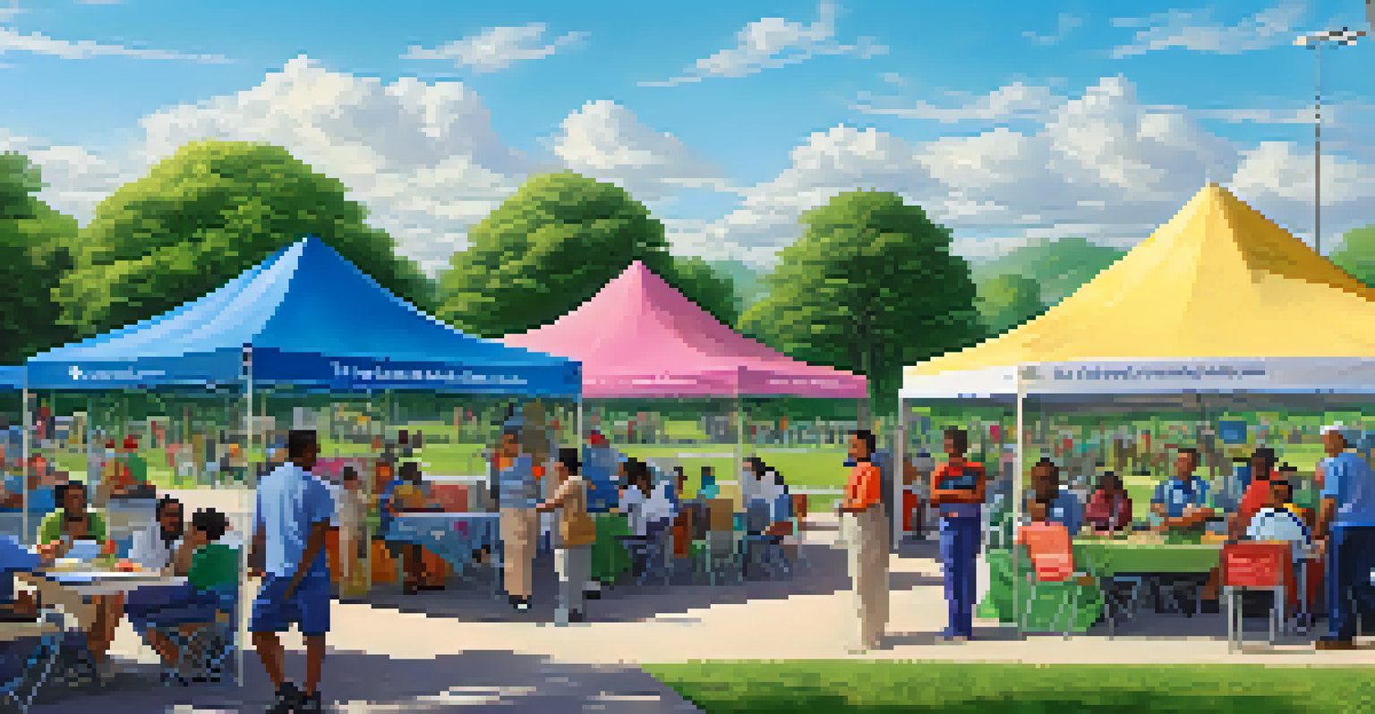 A community health initiative in a park with volunteers providing health screenings to diverse individuals.