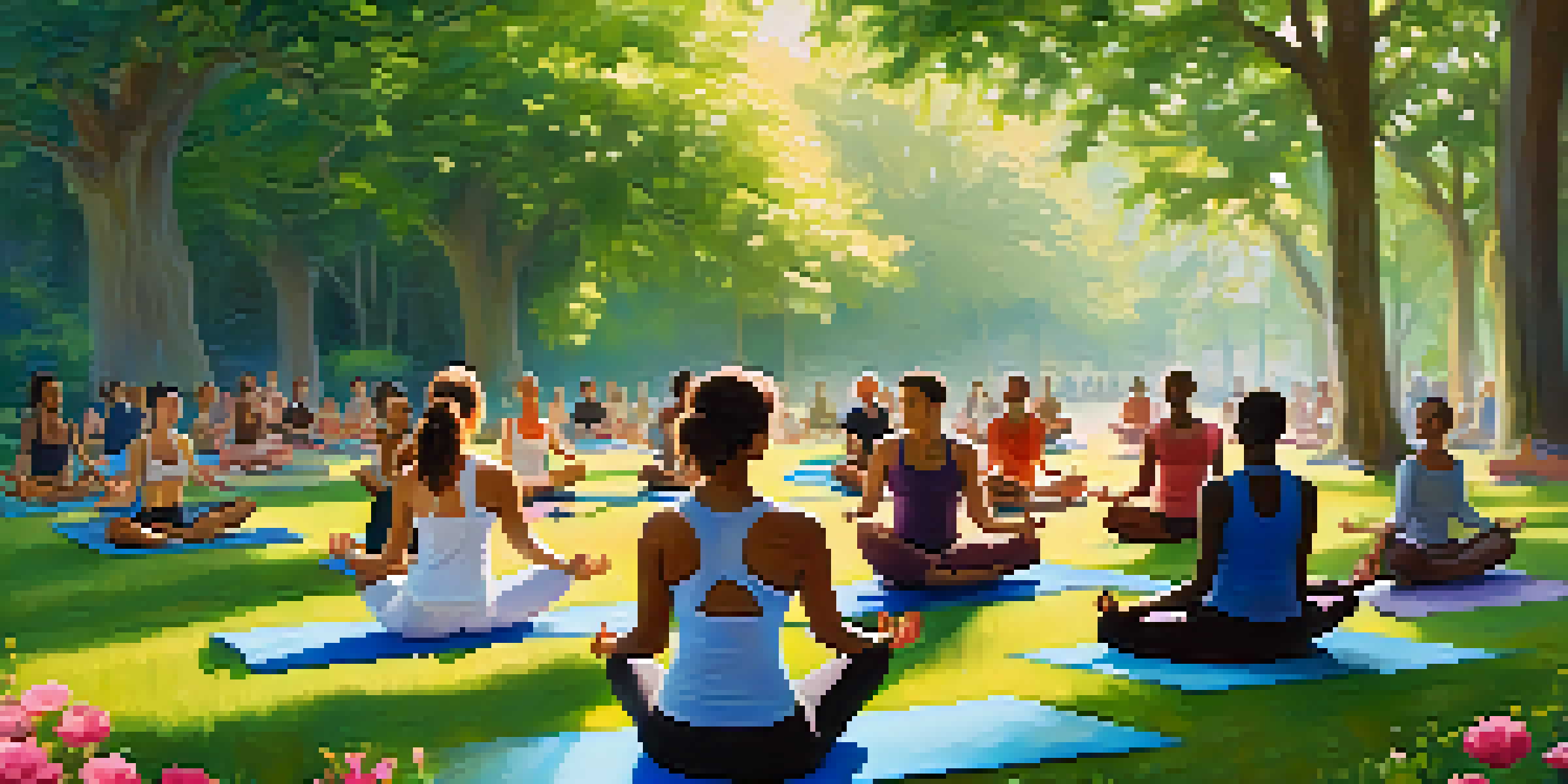 A diverse group of people practicing yoga outdoors in a sunny park, surrounded by green trees and colorful flowers.