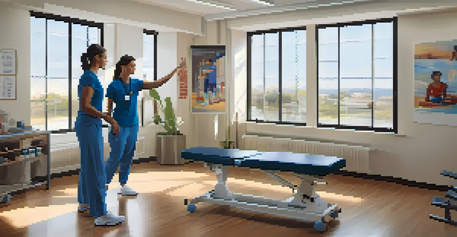 A physical therapist guiding an athlete through a stretching exercise in a bright rehabilitation room.