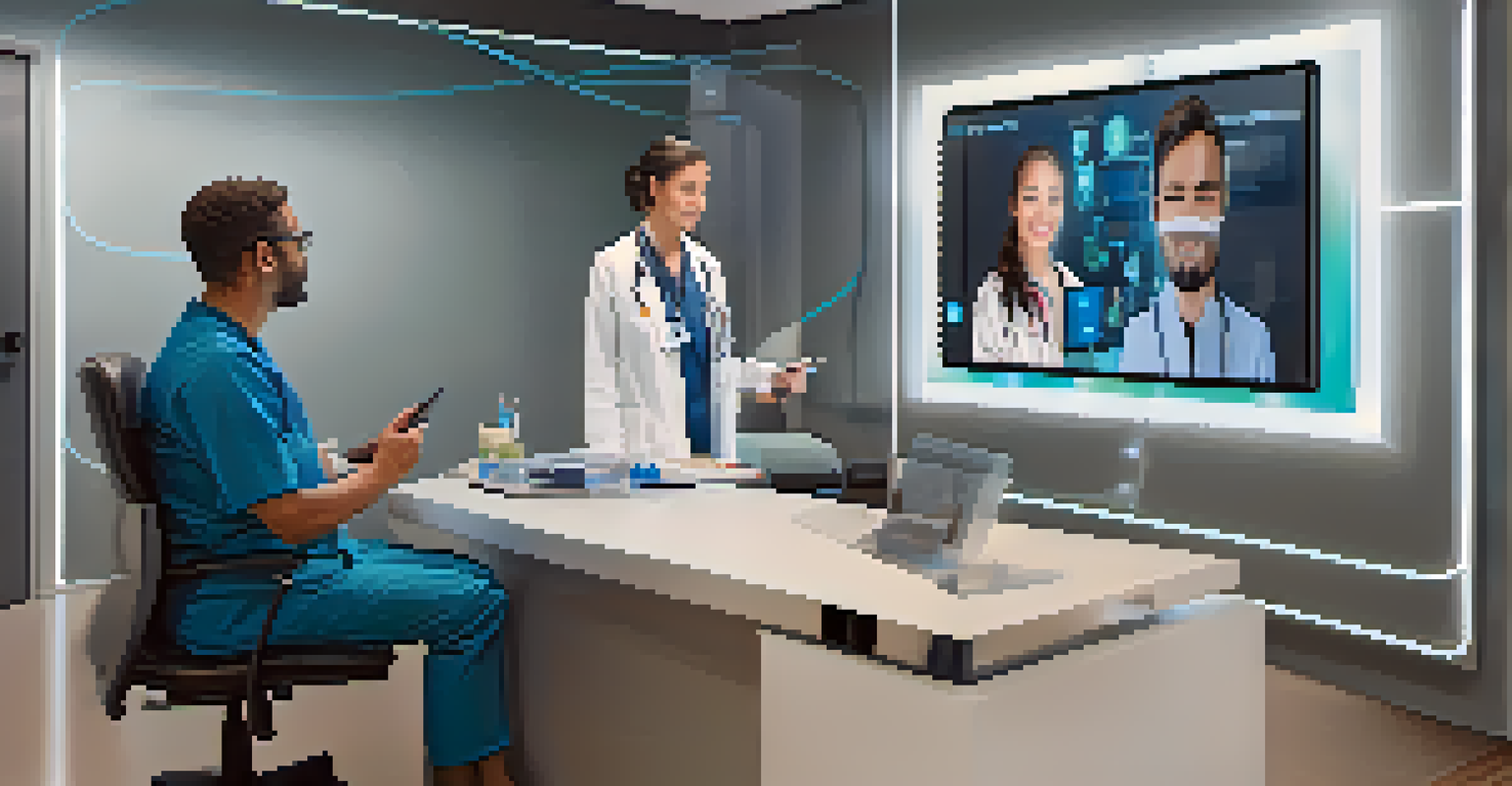 A healthcare provider and a patient having a video consultation in a modern setting.