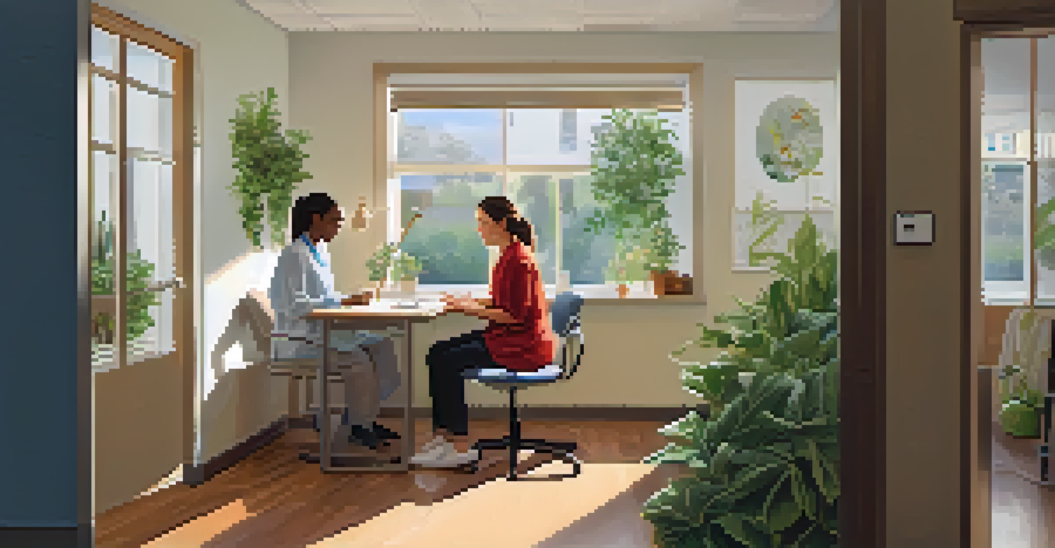 A healthcare provider and a patient discussing mental health in a cozy primary care office with plants and calming decor.