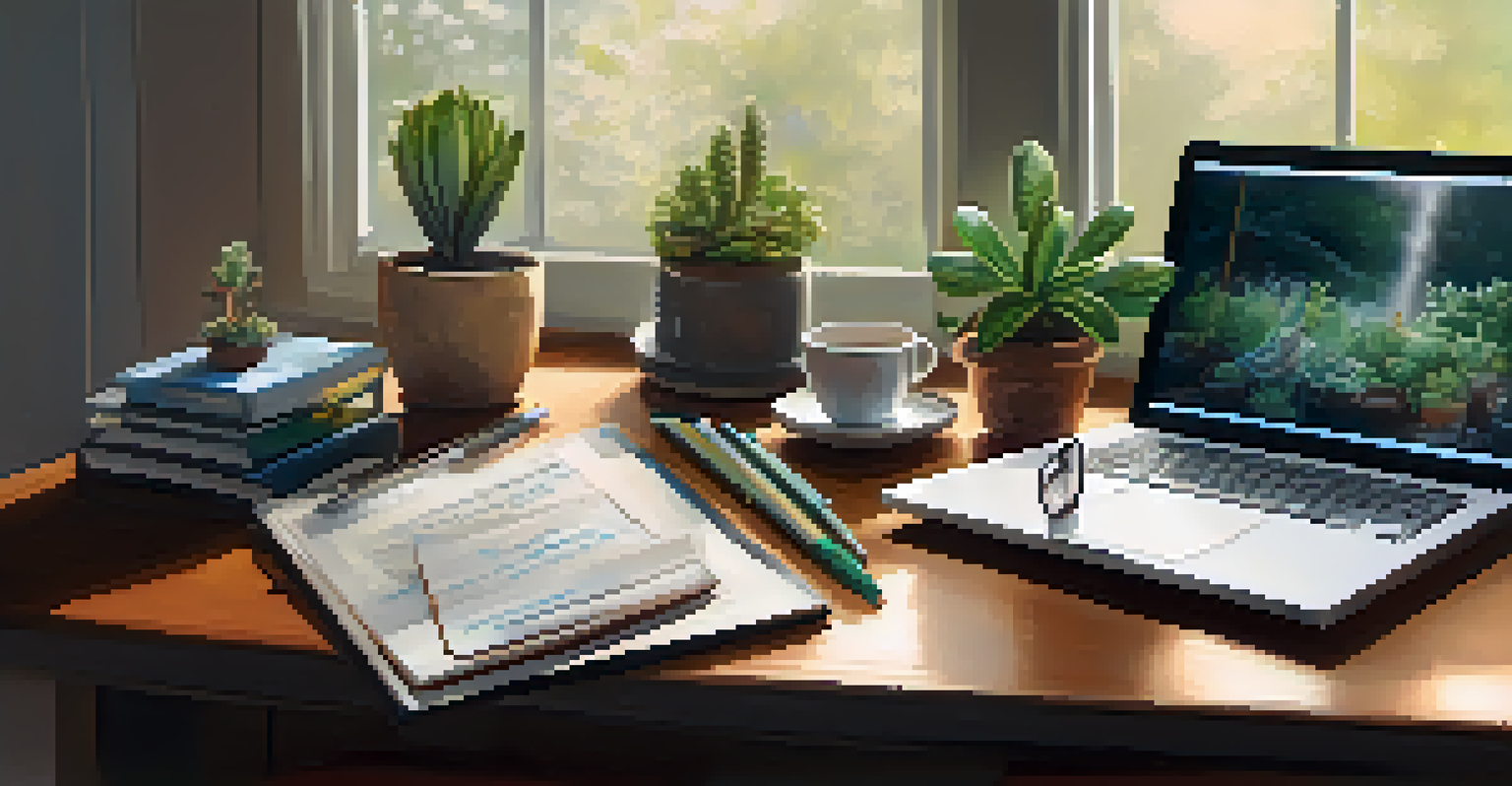 A close-up view of a therapist's desk with a laptop, notepad, and tea, set in a calming atmosphere with soft lighting.