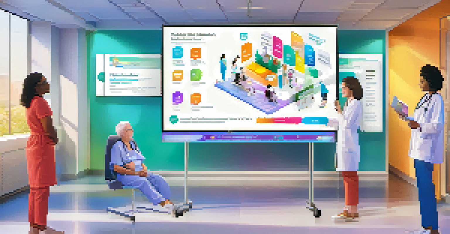 A diverse group of patients engaged in a virtual coaching session in a healthcare setting, with a colorful digital therapeutics platform on display.
