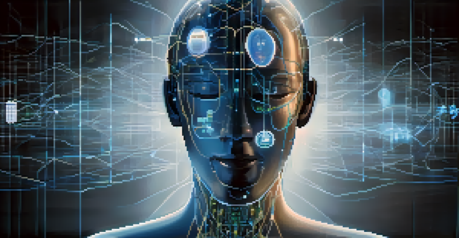 An abstract digital brain representing AI in healthcare, with interconnected lines and medical icons on a dark background.