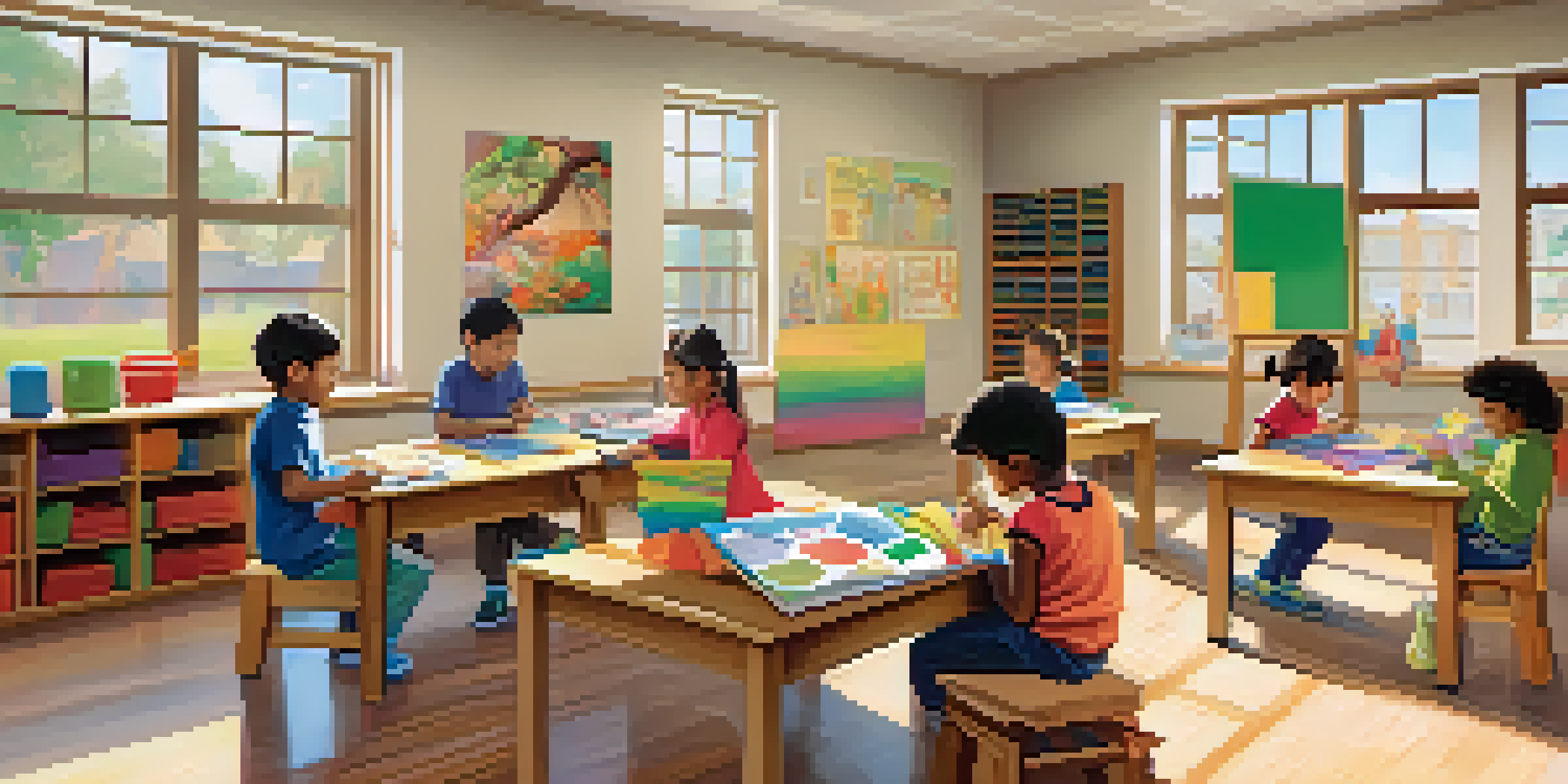 A bright classroom with diverse children working together on a project, filled with sunlight and colorful educational materials.