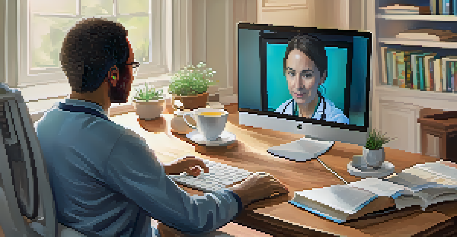 A close-up of a patient in a cozy home setting attending a telehealth consultation on a laptop, with a doctor visible on the screen.