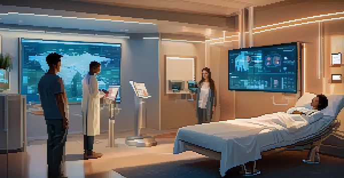 A futuristic scene showing patients in their homes participating in a decentralized clinical trial with digital devices and a virtual interface.