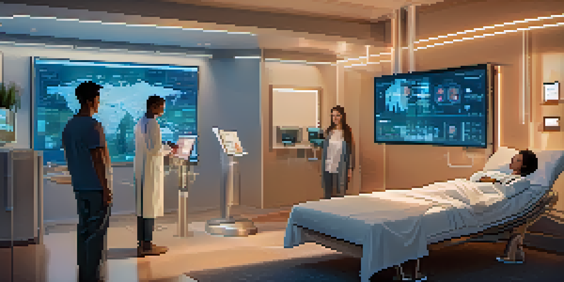 A futuristic scene showing patients in their homes participating in a decentralized clinical trial with digital devices and a virtual interface.