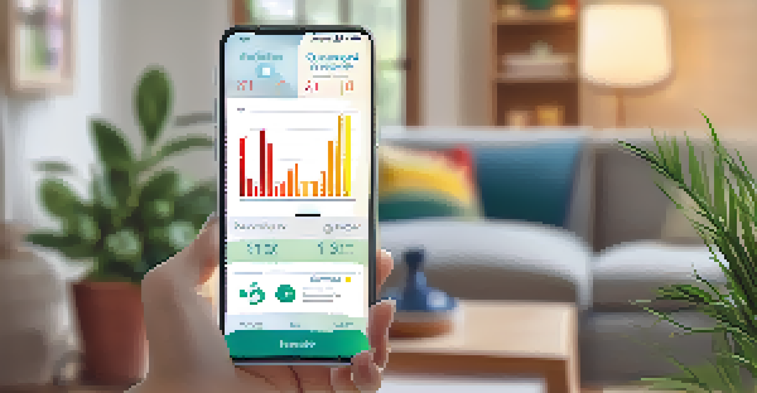 A smartphone displaying a health app with graphs held in a hand in a cozy living room.