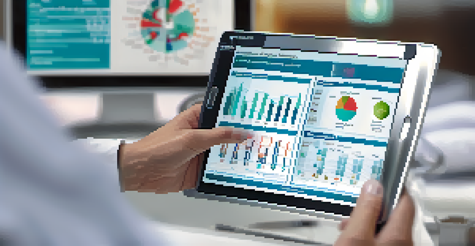 Close-up of a healthcare professional's hands holding a tablet displaying patient data with ethical guidelines in the background.