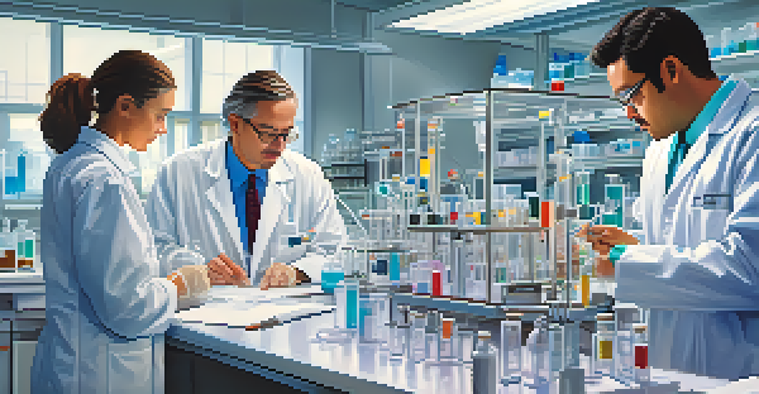 Scientists in a modern laboratory working on mRNA vaccine research with advanced equipment and colorful lab coats.