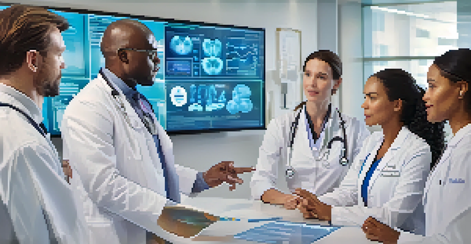 A diverse group of healthcare professionals discussing immunotherapy in a modern clinic, with charts and diagrams in the background.