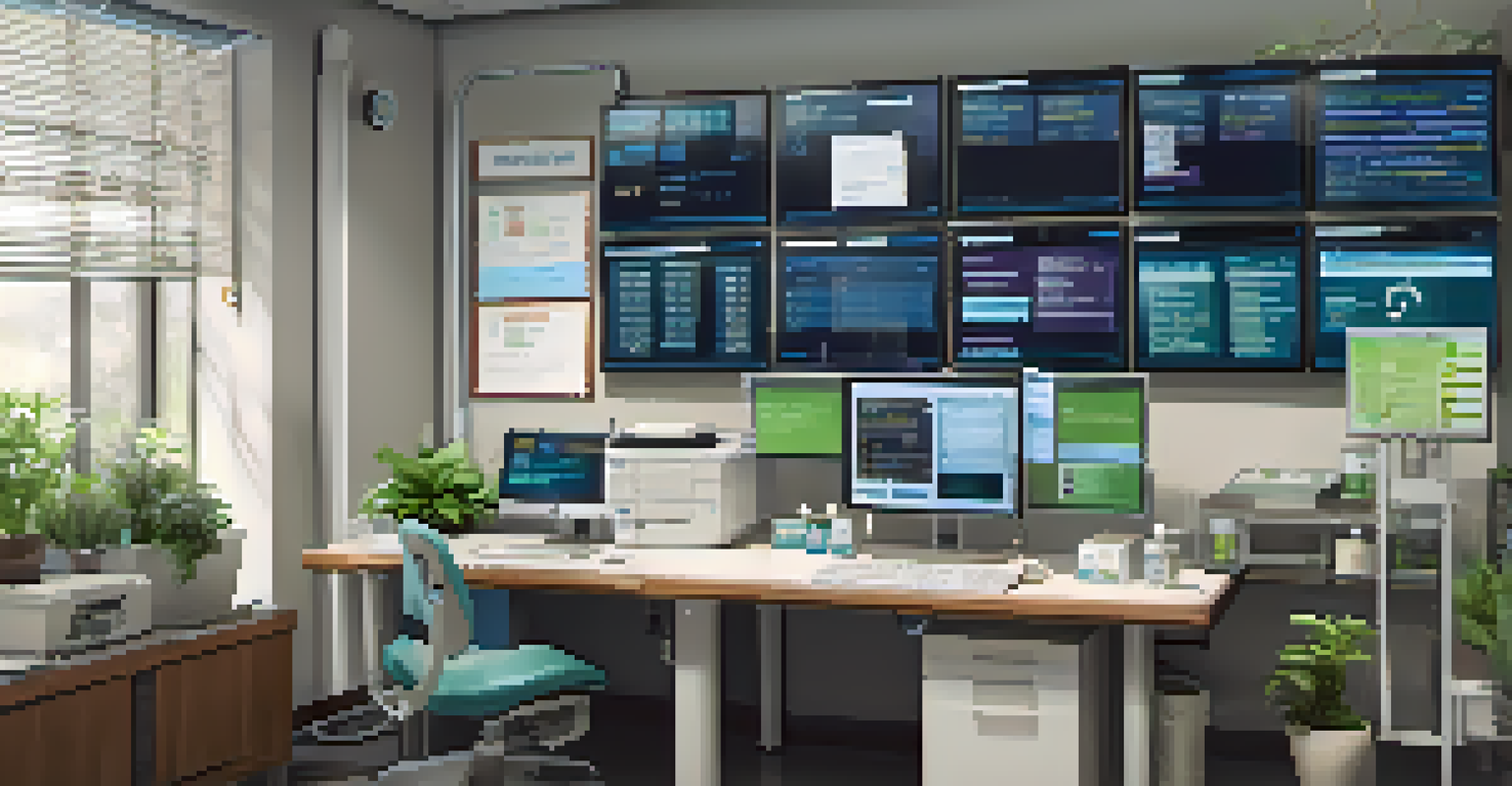 A well-lit hospital workspace with a computer displaying an electronic health record interface and organized medical tools.