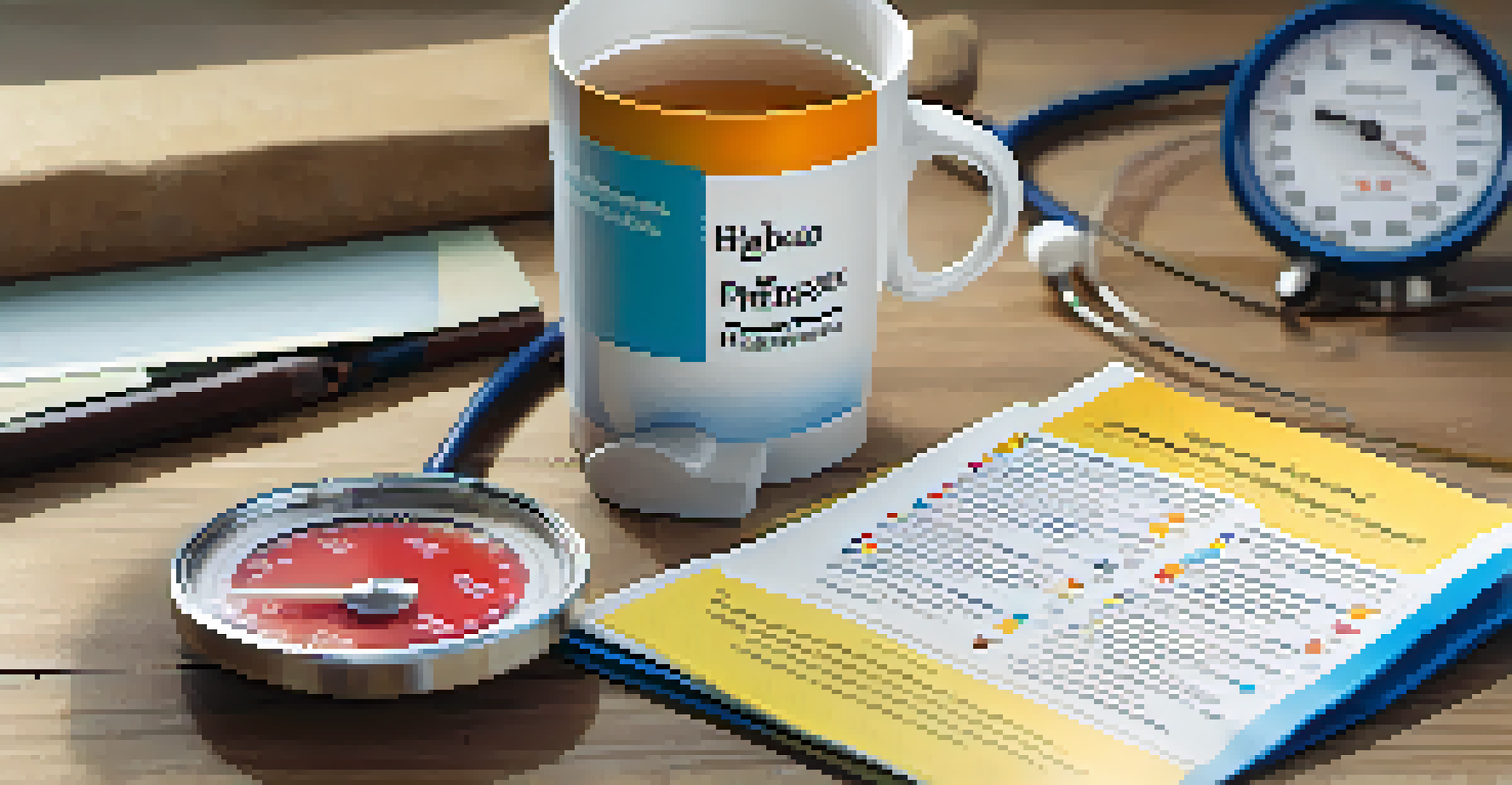 A healthcare pamphlet explaining high blood pressure in simple language, surrounded by a stethoscope and a cup of tea.