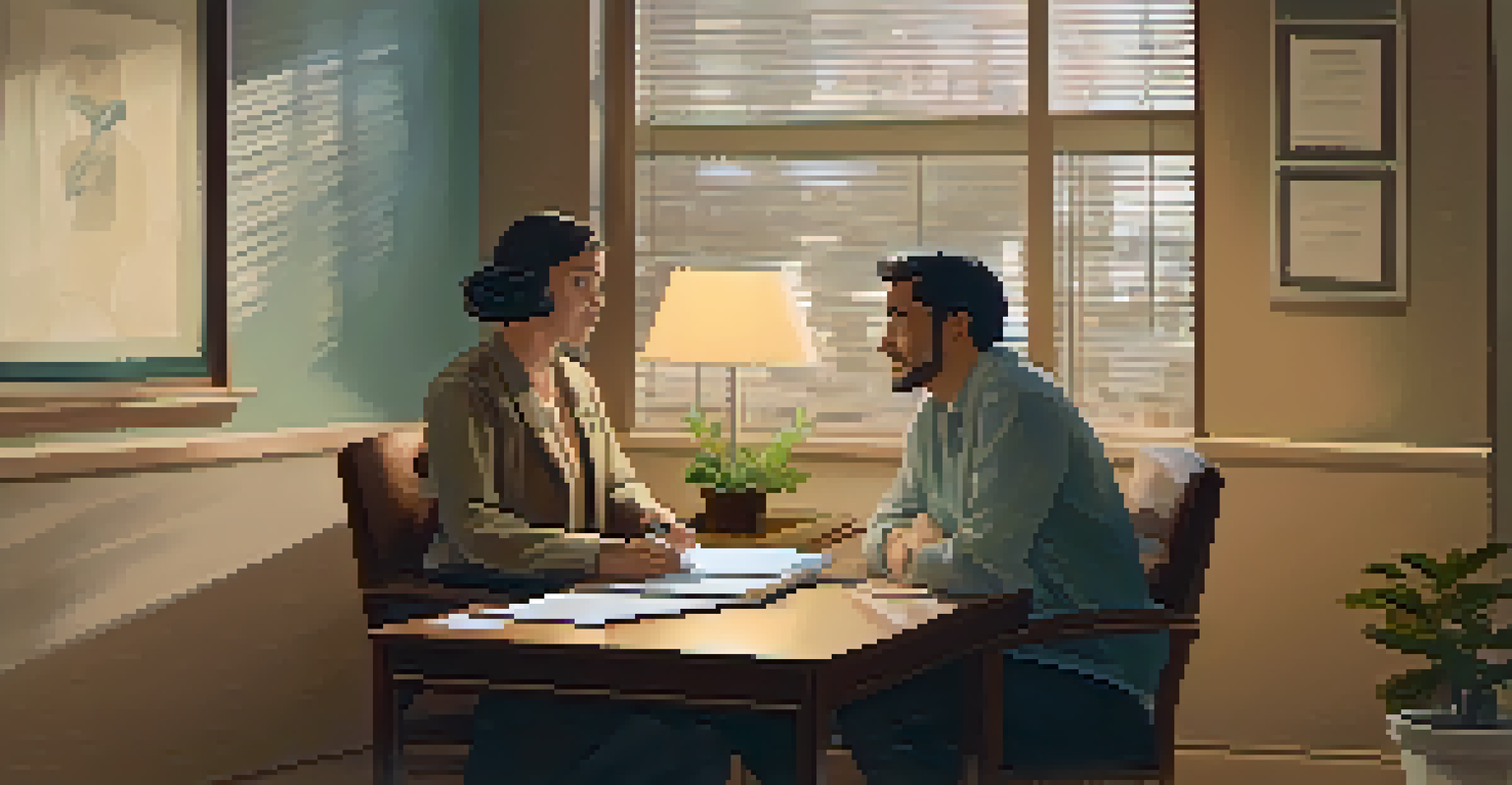 A researcher and a patient engaged in a one-on-one interview in a cozy office setting, with warm lighting.