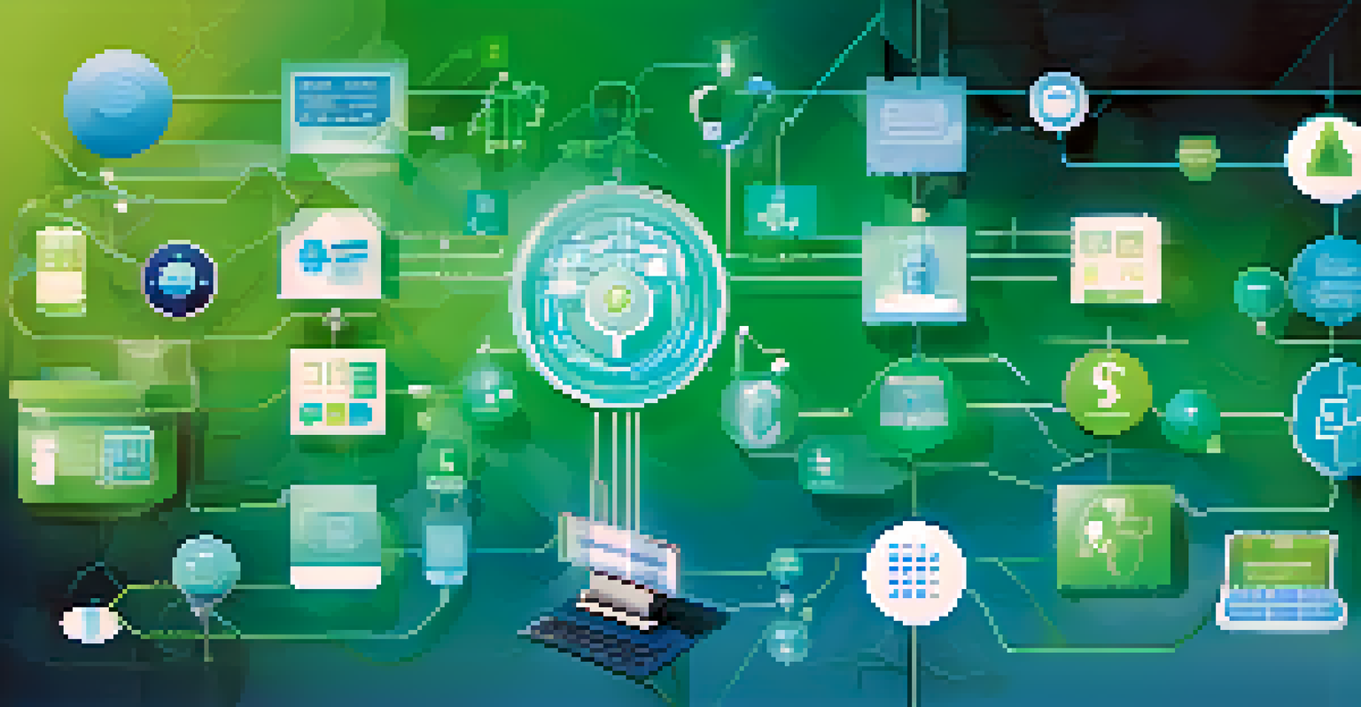 An abstract collage of icons representing digital health records, with a gradient blue and green background, symbolizing innovation in healthcare.