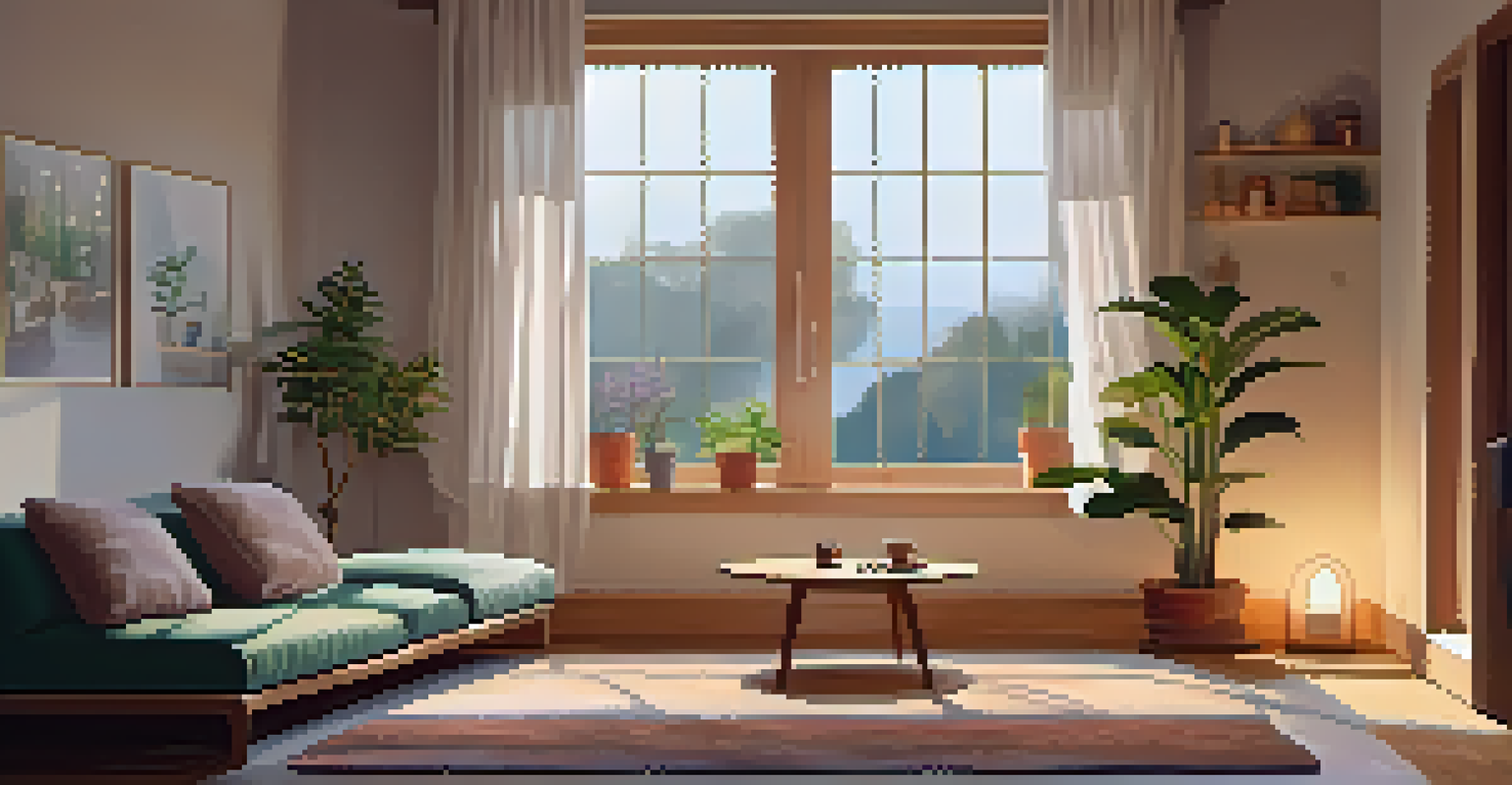 A person meditating in a cozy living room filled with cushions and plants, bathed in gentle light.