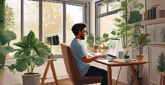 A cozy home office where a person is participating in a telehealth video call, with natural light and plants around them.