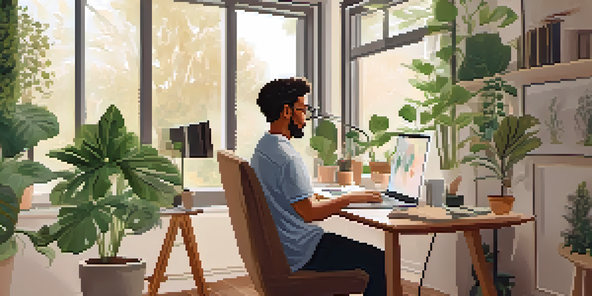 A cozy home office where a person is participating in a telehealth video call, with natural light and plants around them.