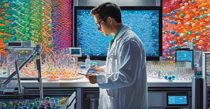 A scientist in a lab coat examining DNA strands under a microscope in a modern research lab, surrounded by colorful molecular models and high-tech equipment.