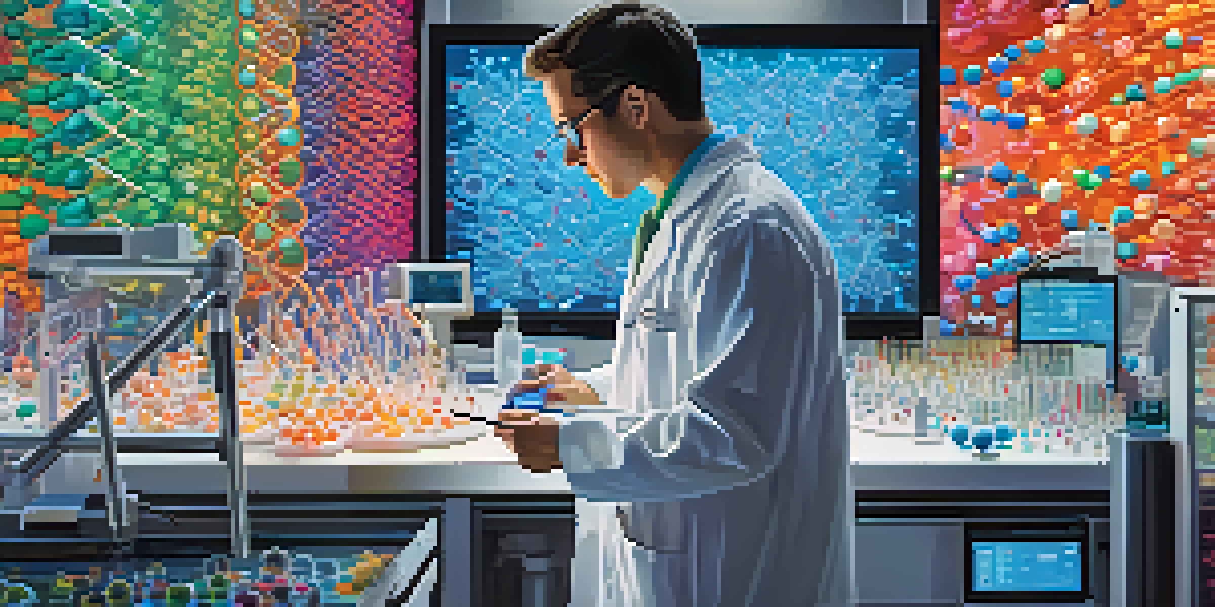A scientist in a lab coat examining DNA strands under a microscope in a modern research lab, surrounded by colorful molecular models and high-tech equipment.