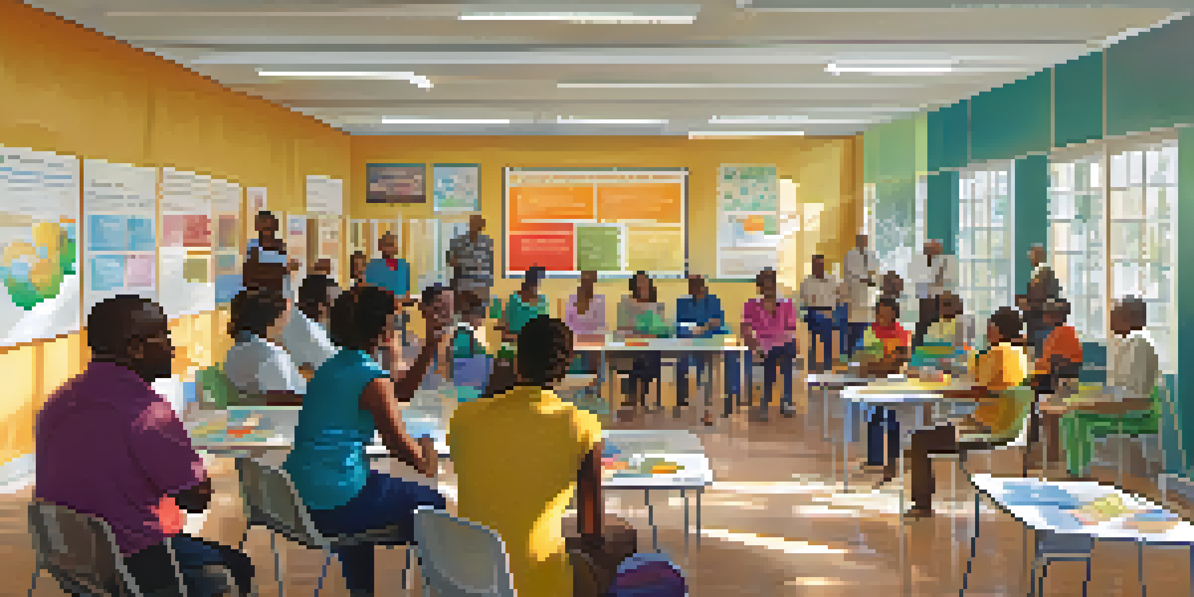 A diverse group of people participating in a health workshop, with colorful posters about hygiene and vaccination on the walls, under warm sunlight.
