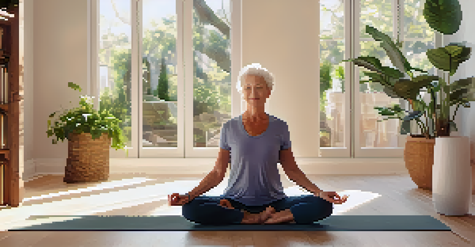 An older woman doing yoga in a bright living room filled with plants and natural light.