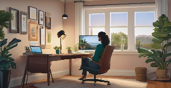 A person sitting in a cozy home office, participating in a teletherapy session on their laptop with warm lighting and personal decor around them.