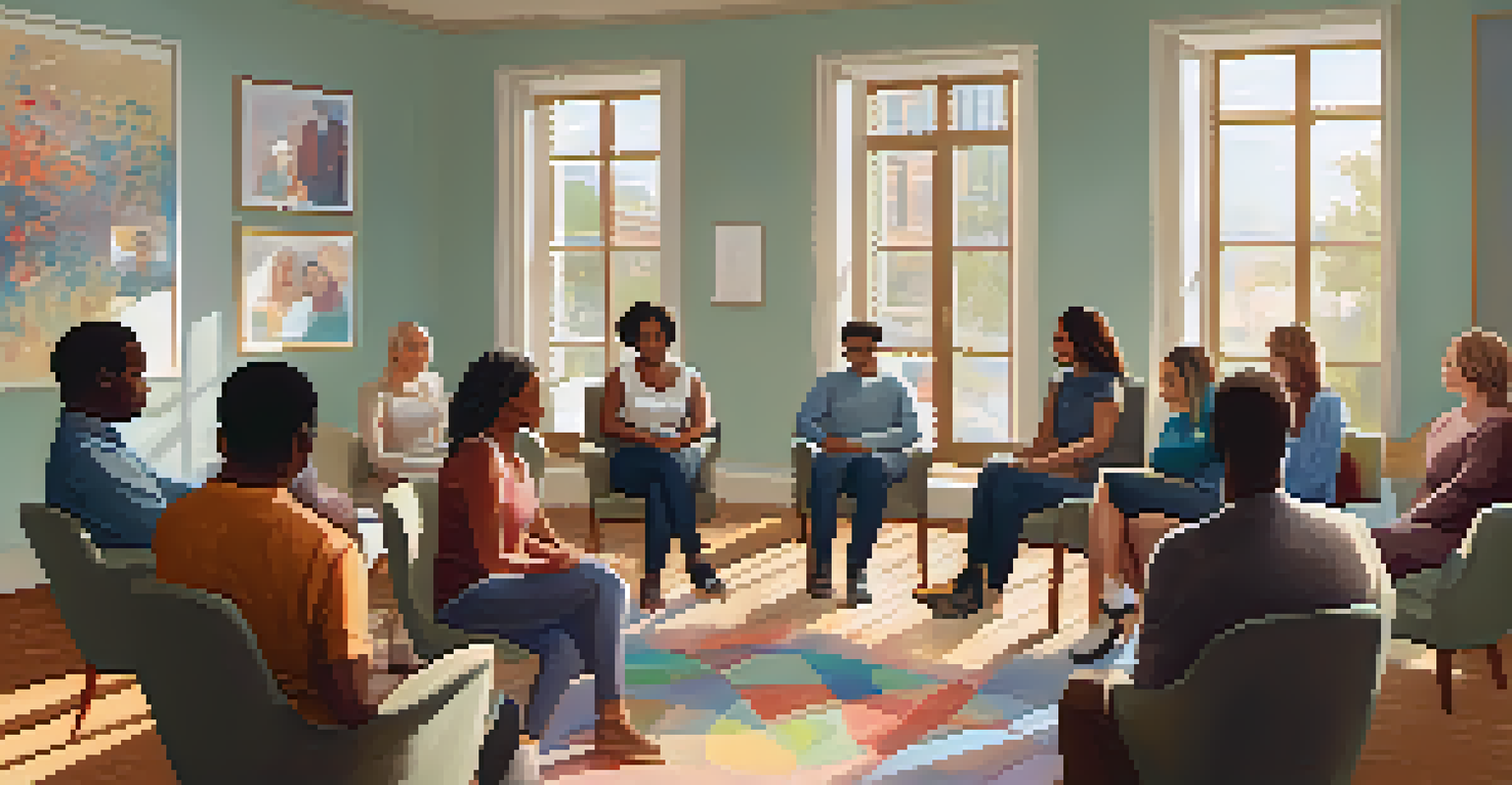A diverse group of people in a supportive group therapy session, sitting in a circle in a bright room.