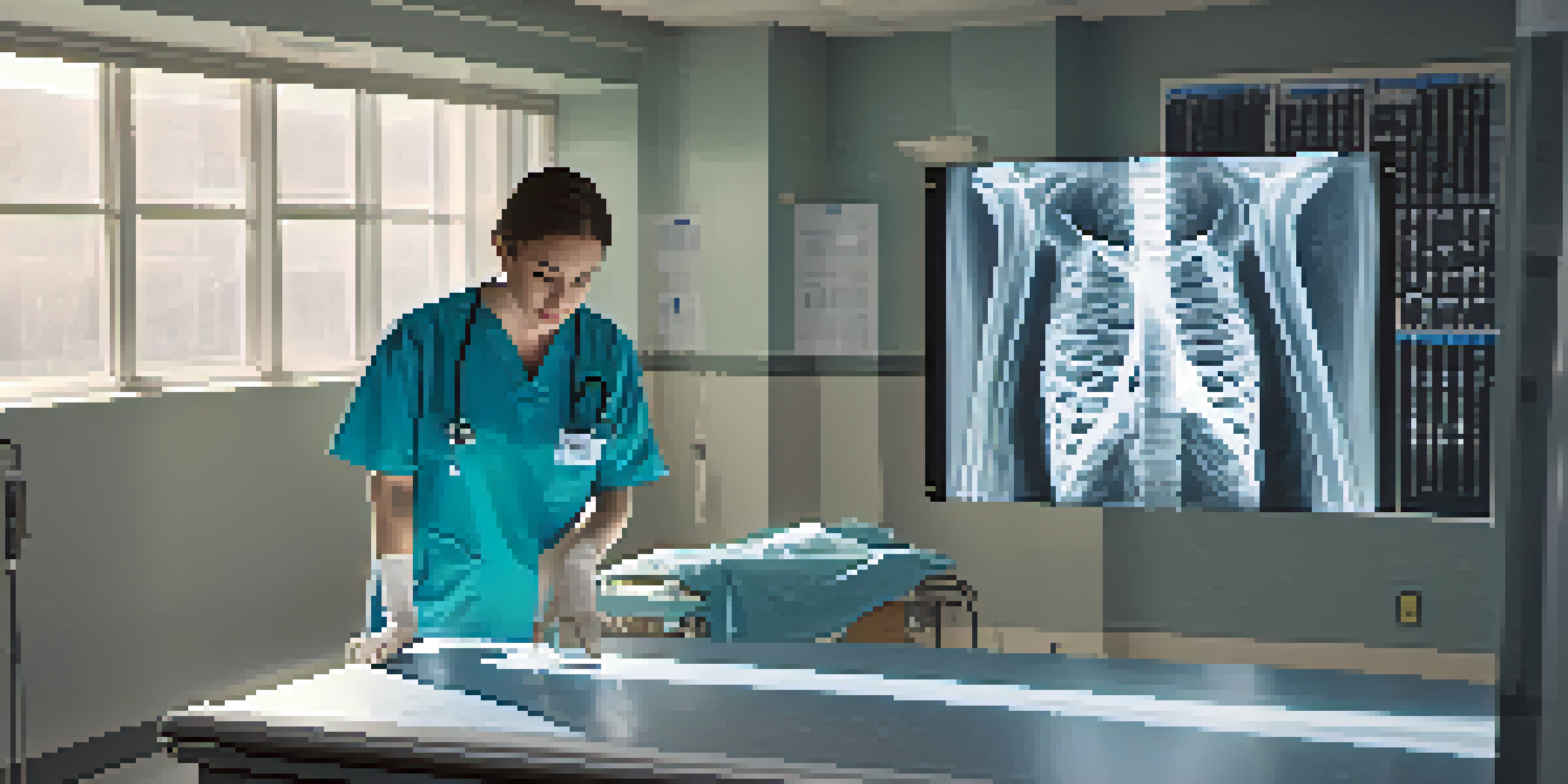 A doctor reviewing an X-ray of a broken bone, surrounded by medical tools and charts in a bright hospital room.