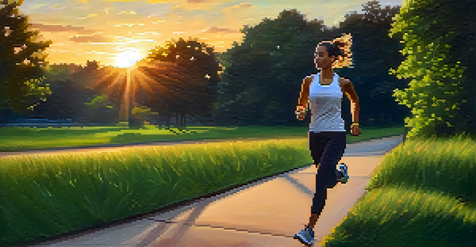 A person jogging in a park at sunset, wearing a fitness tracker.