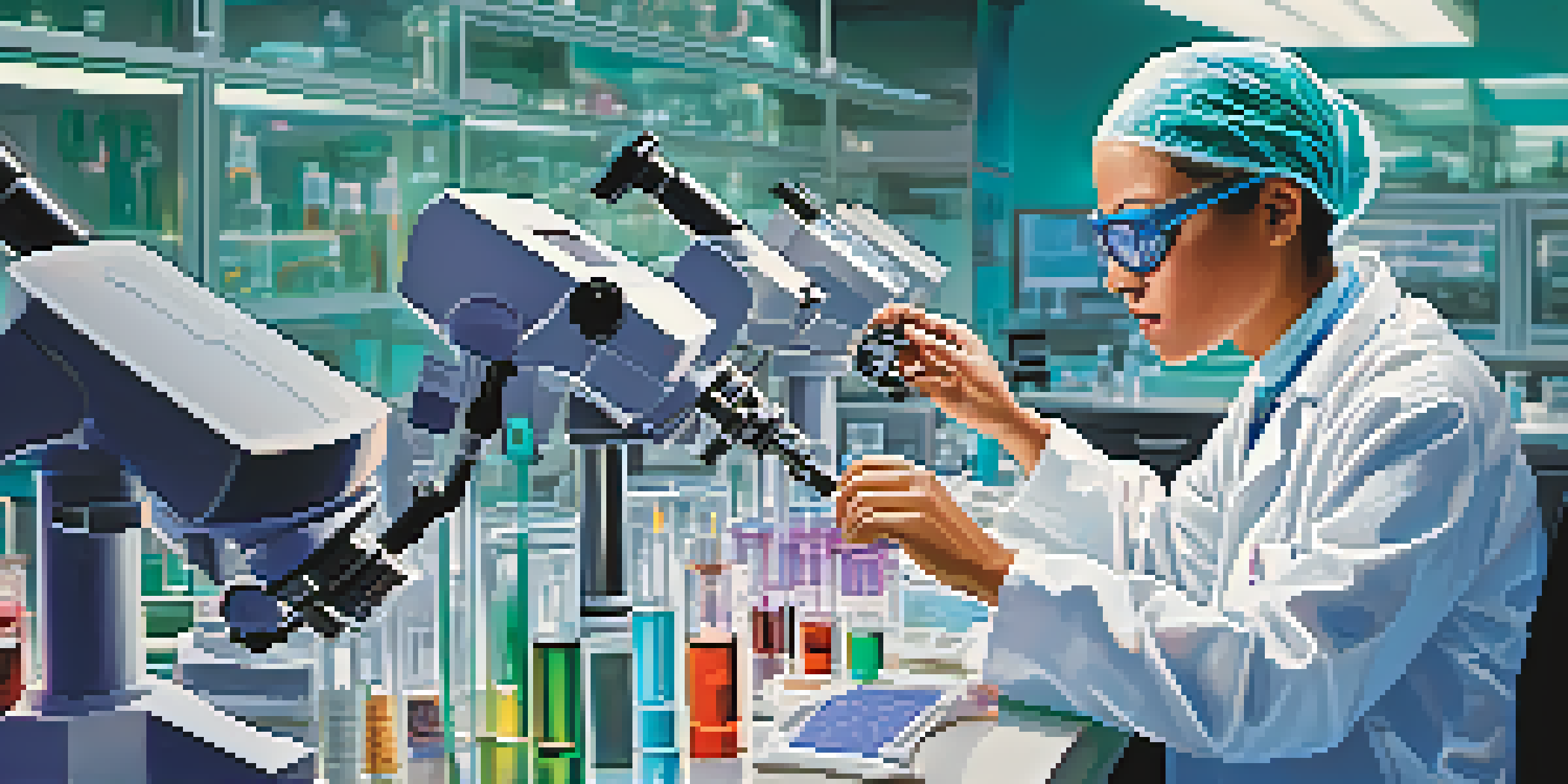 A scientist in a lab coat examining a tumor sample under a microscope with laboratory equipment in the background.