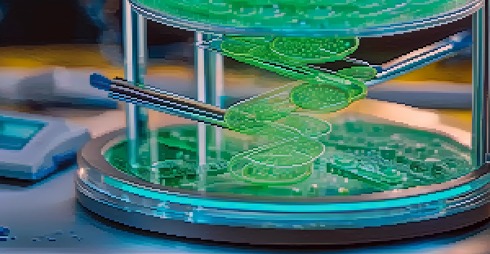 A close-up of a CRISPR gene editing setup with a Petri dish and illuminated DNA strands under a microscope, surrounded by lab equipment.
