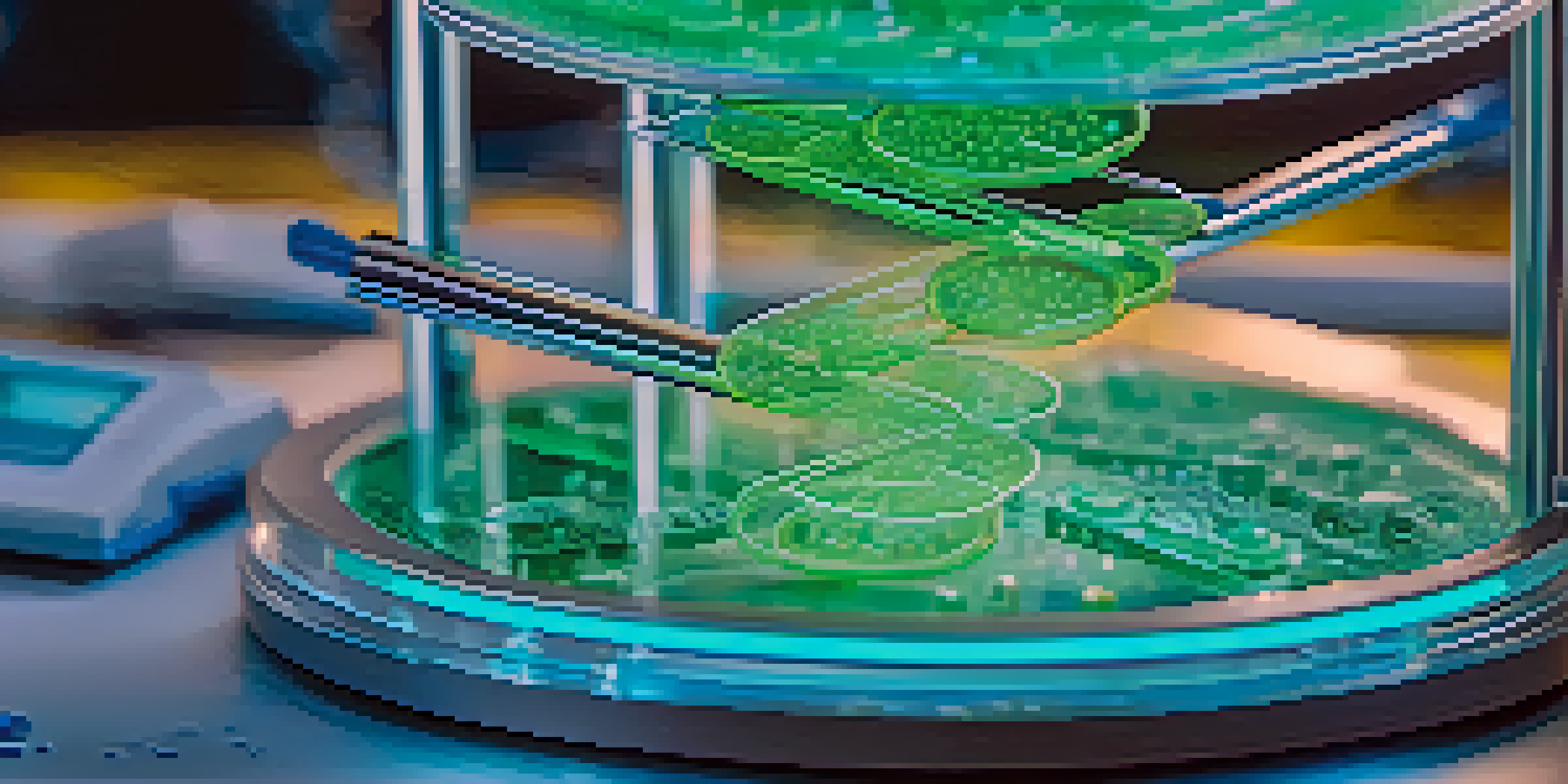 A close-up of a CRISPR gene editing setup with a Petri dish and illuminated DNA strands under a microscope, surrounded by lab equipment.