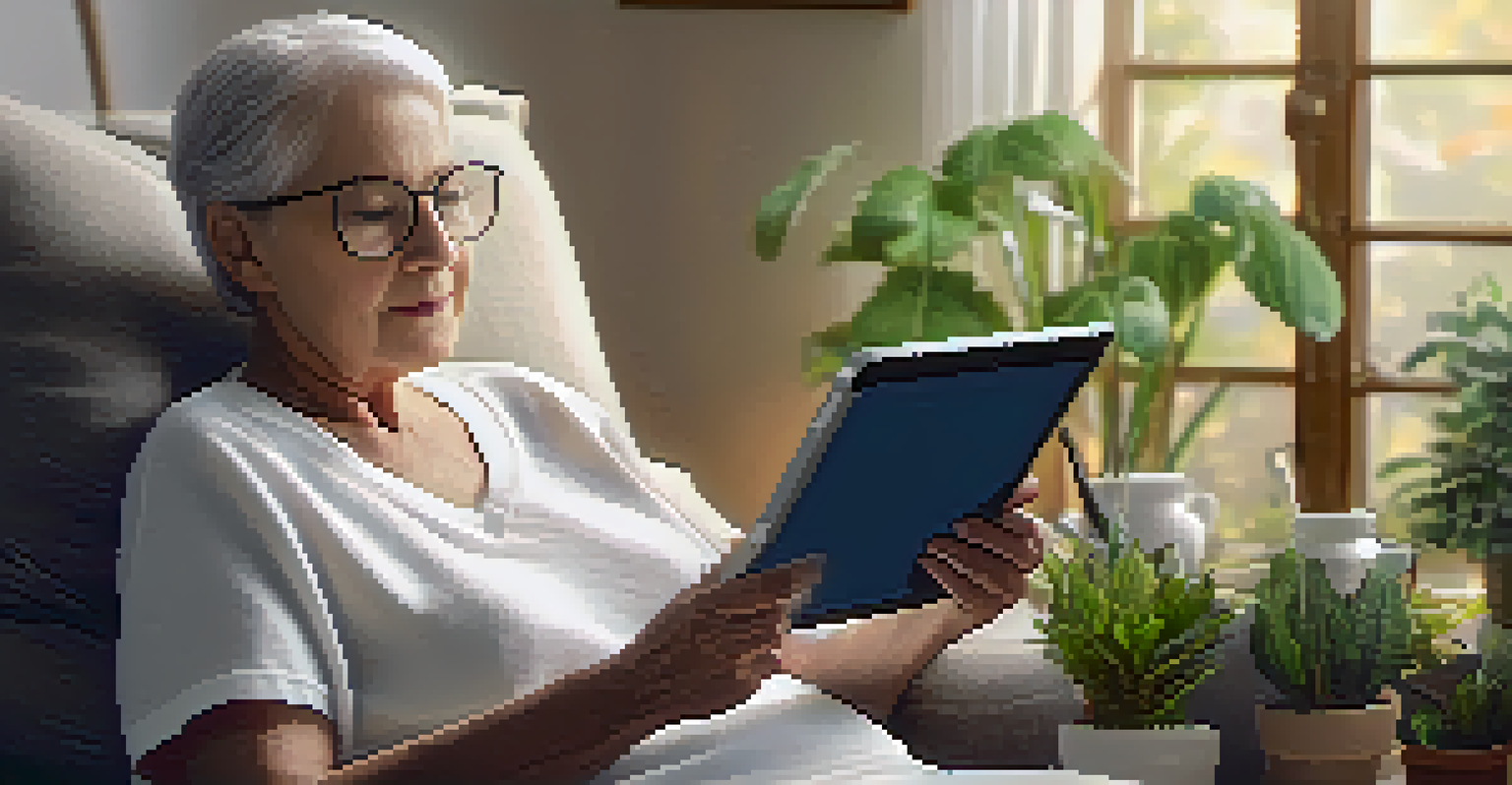 An elderly patient using a tablet in a cozy living room to access a digital therapeutic program.