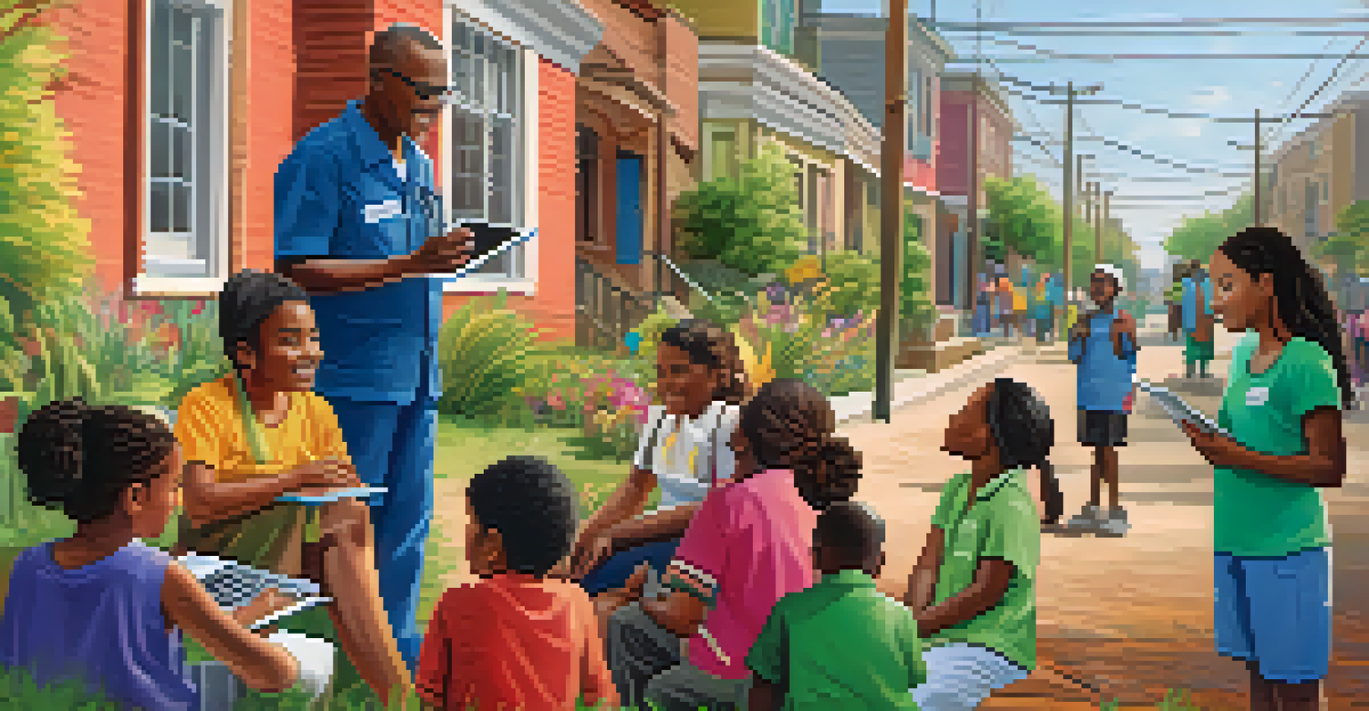 A community health worker engaging with local residents outdoors, explaining health information using a tablet.