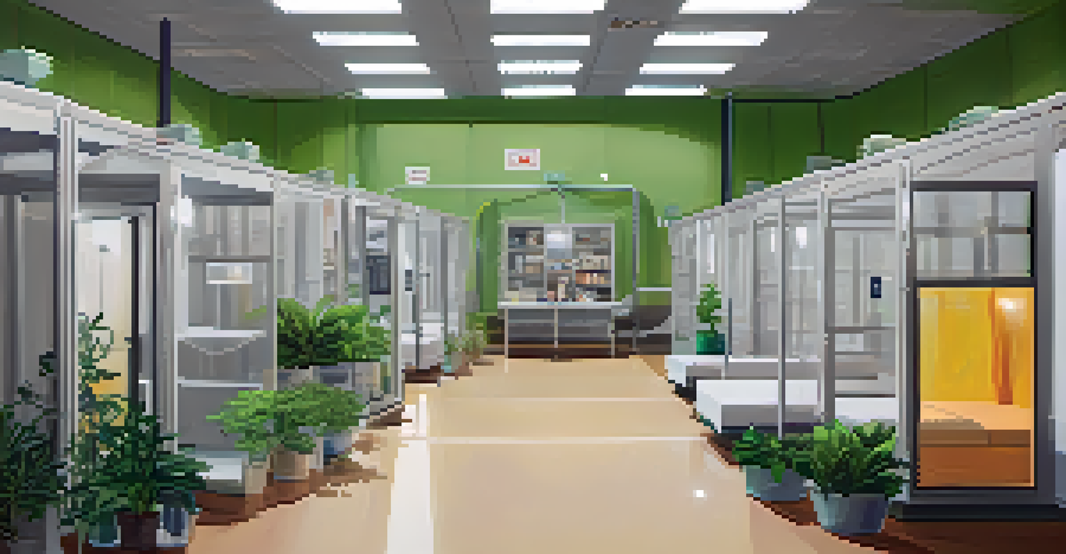 An interior view of a modern quarantine facility, showing individual pods and health information posters, designed for safety and comfort.