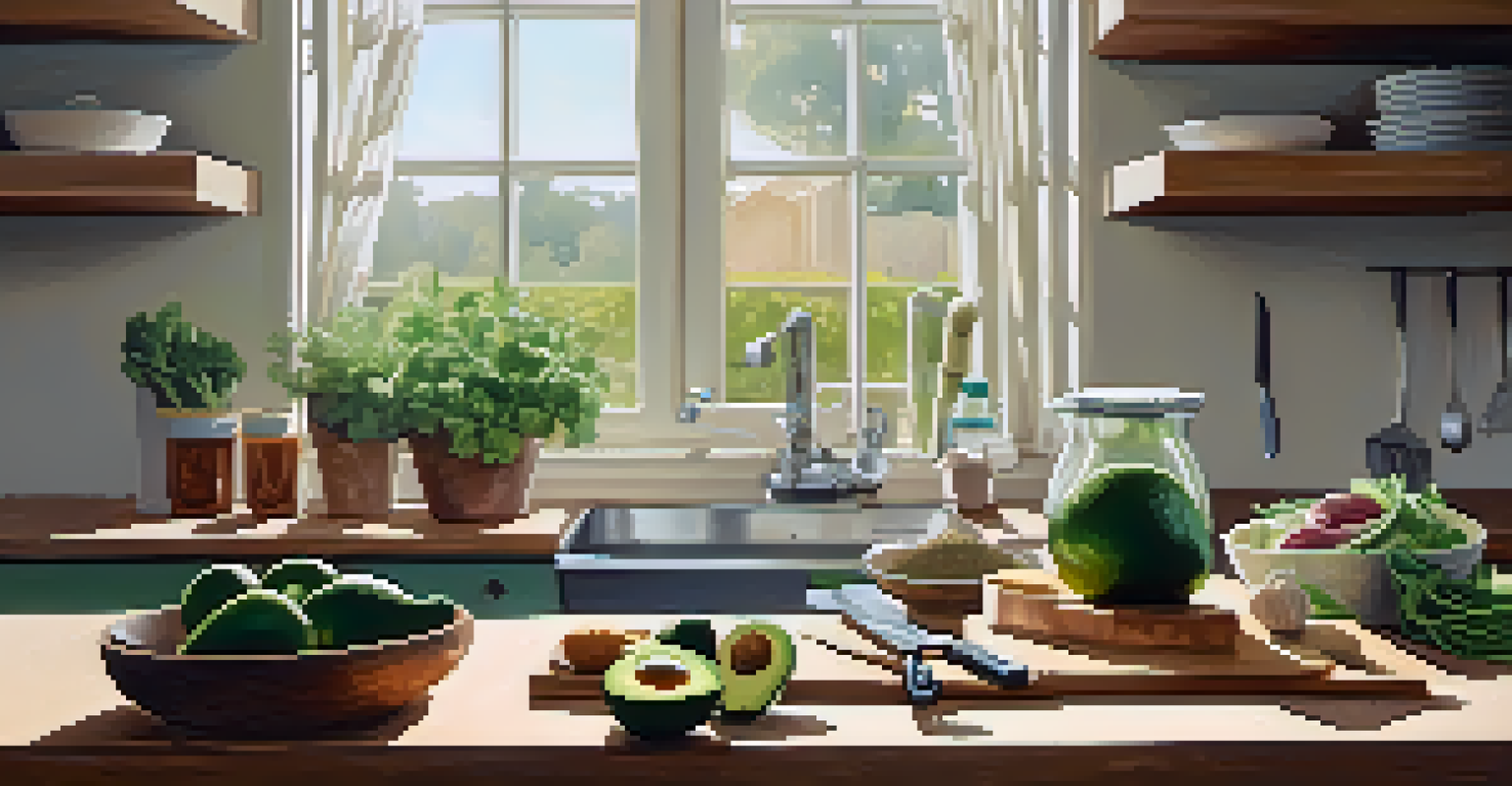 A kitchen scene with fresh ingredients for a healthy meal, showing a person chopping vegetables in natural light.