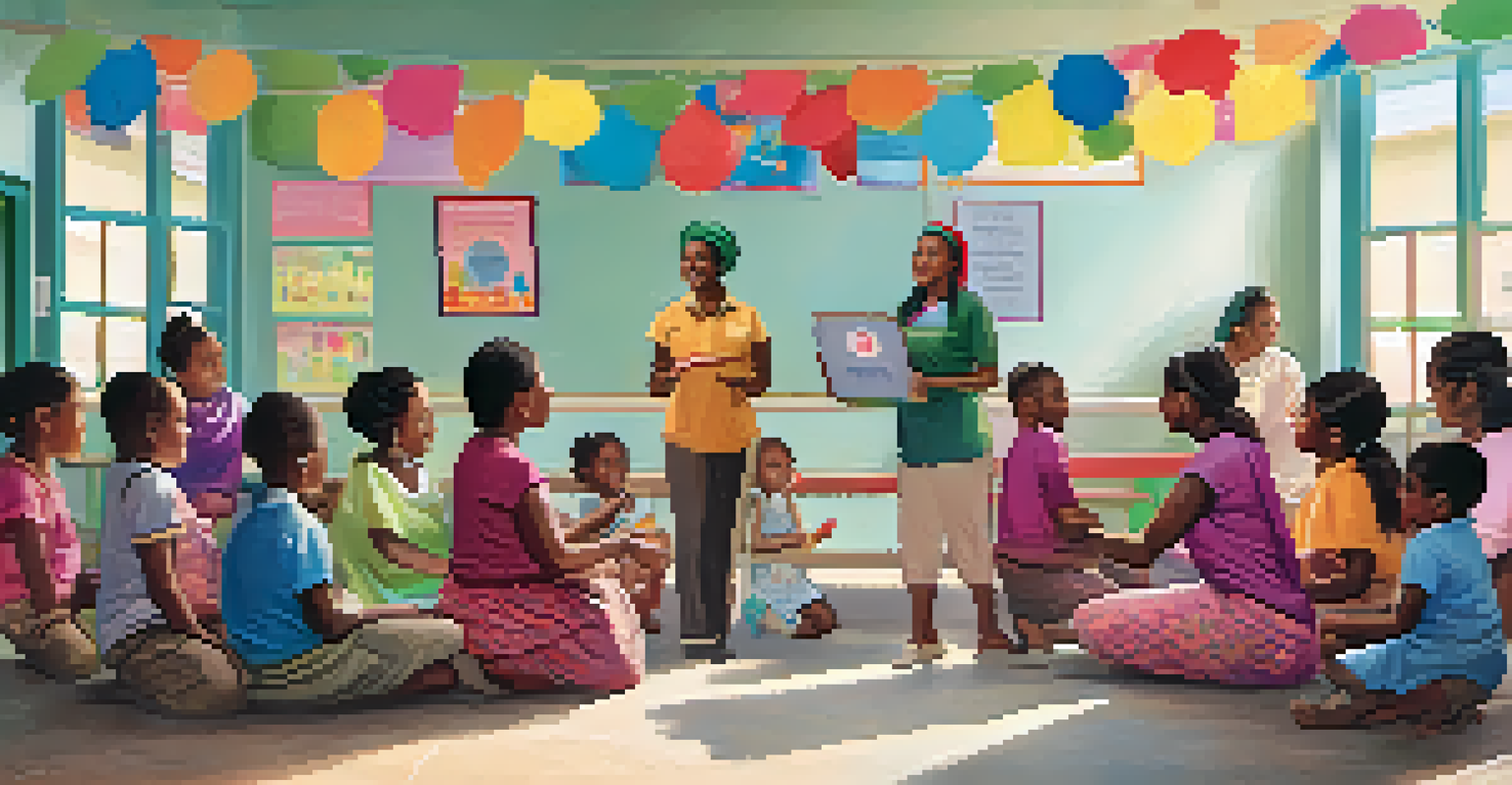 A community health worker engaging with mothers and children in a lively community center.