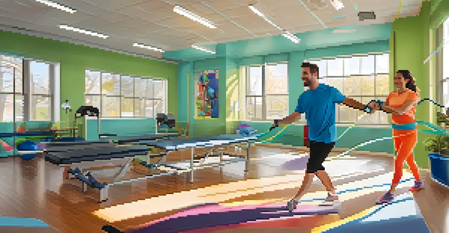 An athlete doing rehabilitation exercises with a therapist in a bright therapy room.