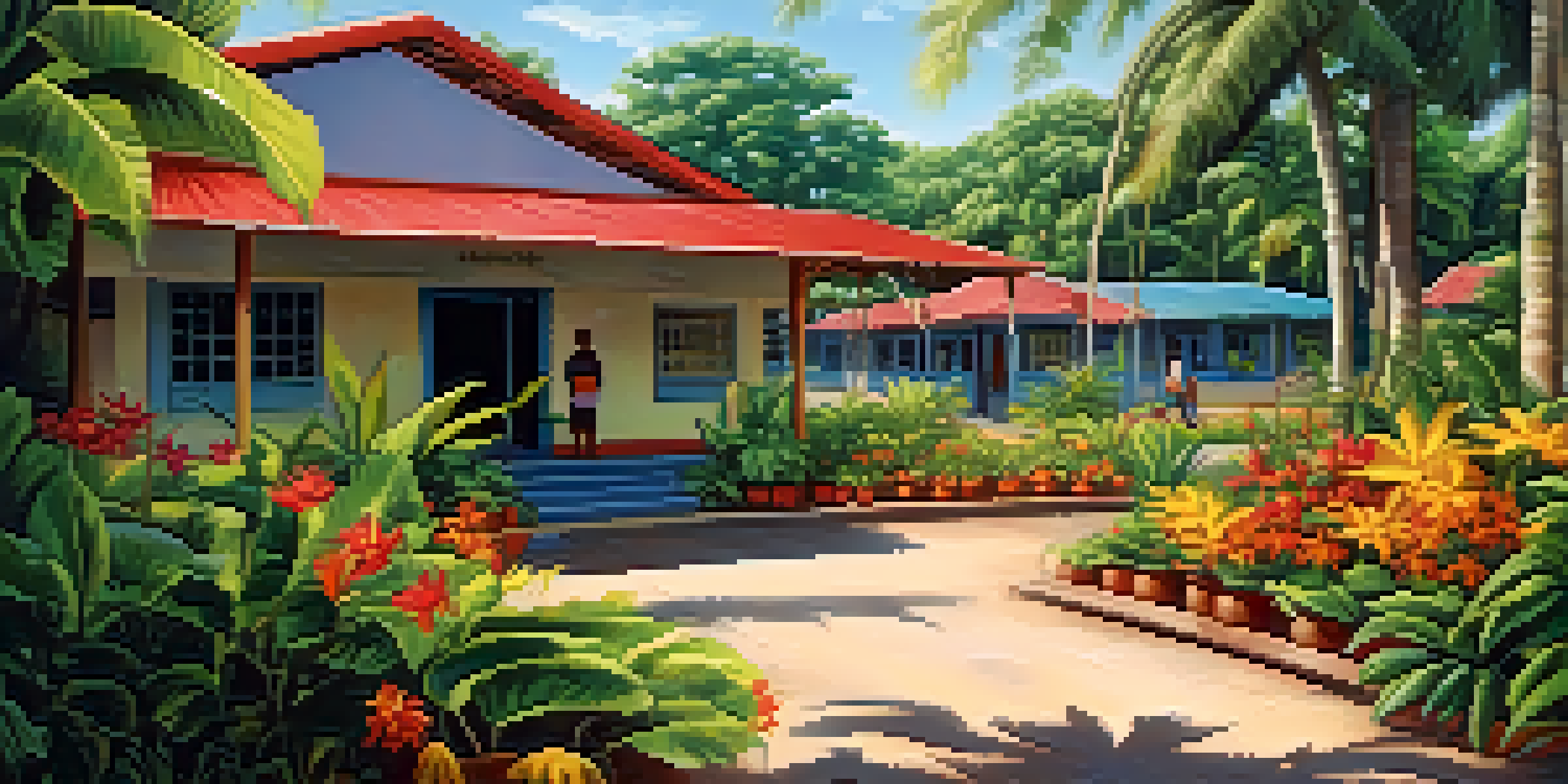 A tropical community health center surrounded by greenery and flowers, with people discussing health awareness.