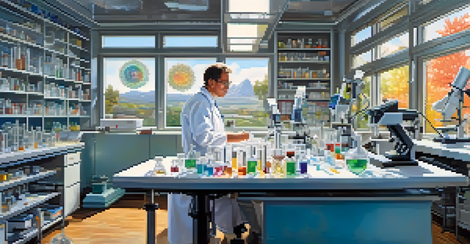 A scientist examining samples under a microscope in a bright, modern laboratory filled with advanced medical equipment and colorful samples.