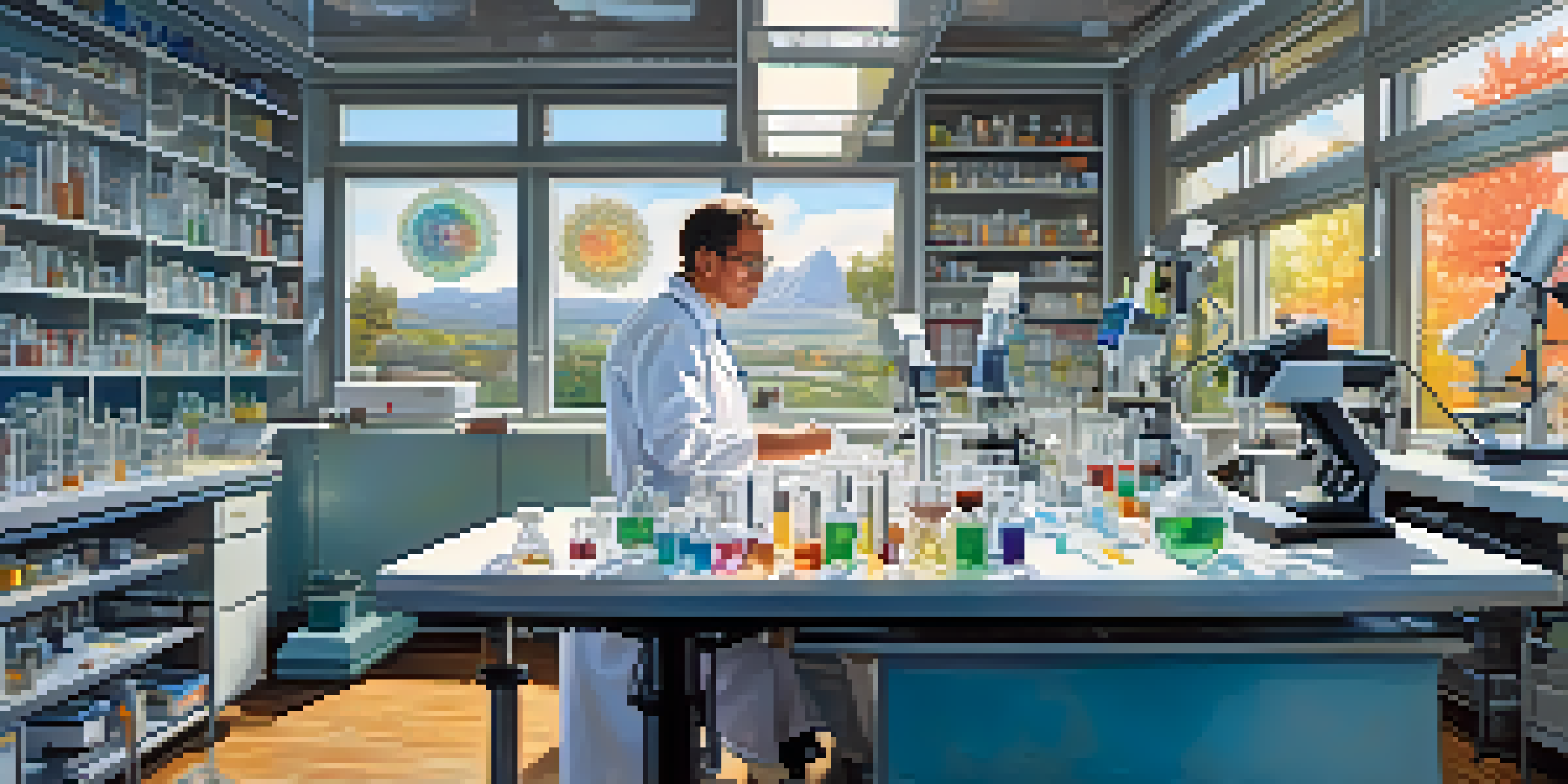 A scientist examining samples under a microscope in a bright, modern laboratory filled with advanced medical equipment and colorful samples.