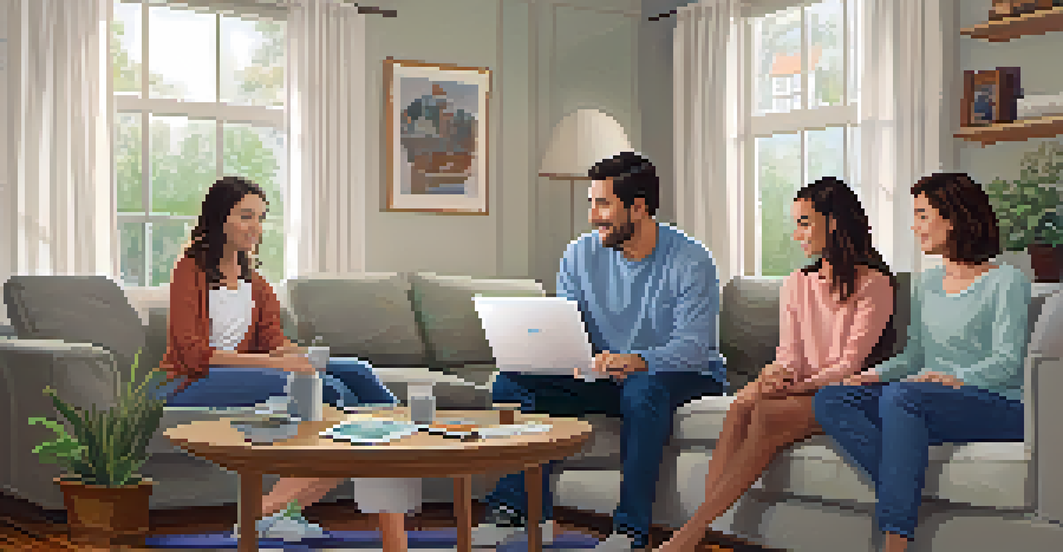 A family in a cozy living room engaging in a conversation about genetic testing, surrounded by family photos and pamphlets.