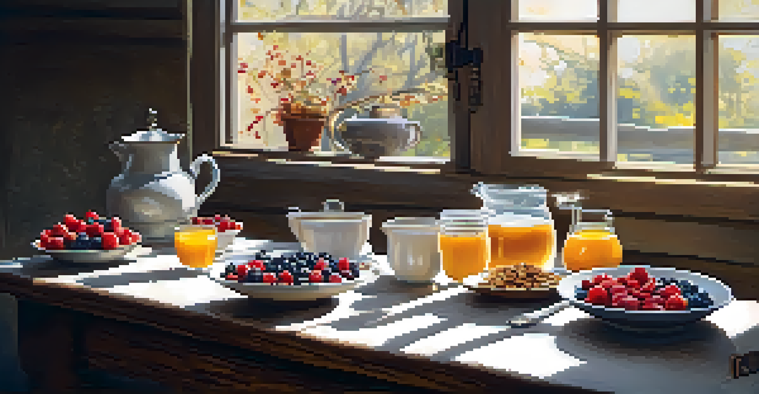 A bowl of oatmeal topped with berries and nuts, next to a cup of herbal tea on a rustic kitchen table, bathed in morning light.