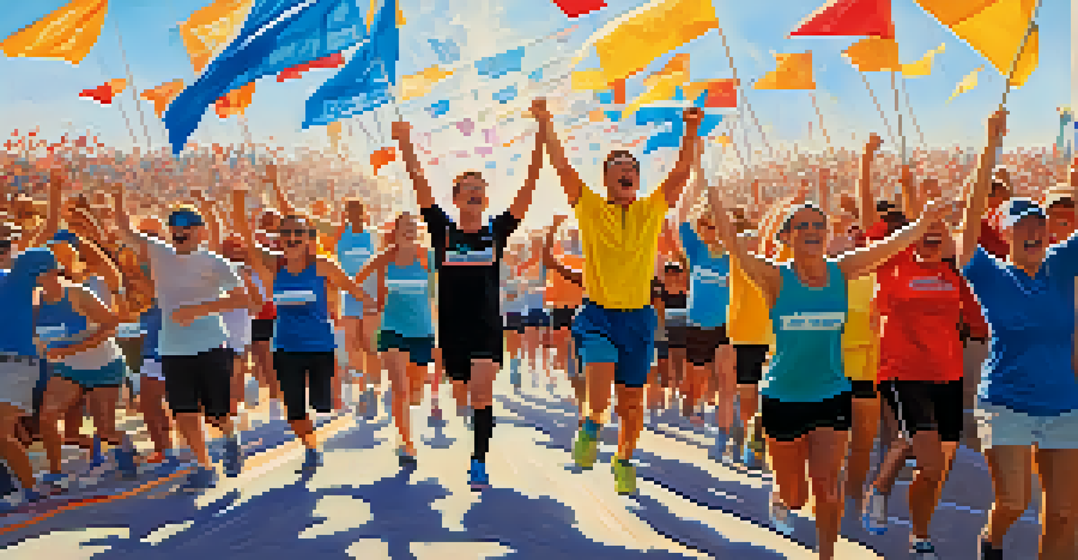 A person celebrating at the finish line of a 5K race with arms raised, surrounded by cheering spectators and a clear blue sky.