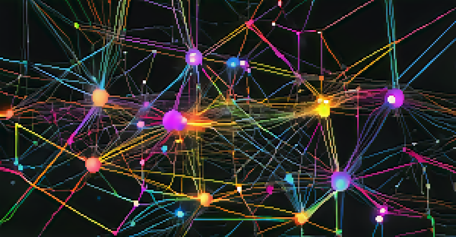 A visual representation of a machine learning algorithm with interconnected nodes and data streams in bright colors.